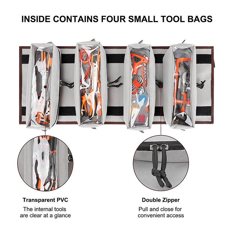 Custom Heavy Duty Foldable Detachable Clear Tool Pouch Tools Rolling Storage Bag Roll Up Tool Bag