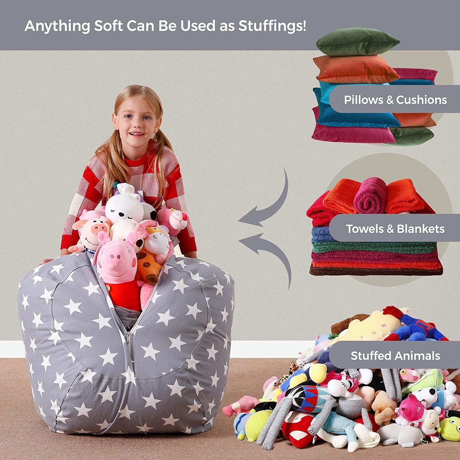 Stuffed Animal Storage Bean Bag Chair Cover Plush Toys Organizer Bag