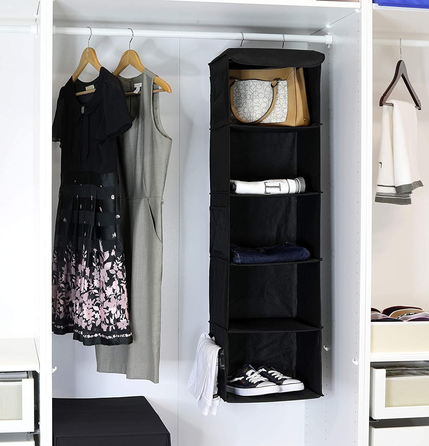 Black Collapsible 5 Shelves Hanging Closet Organizer