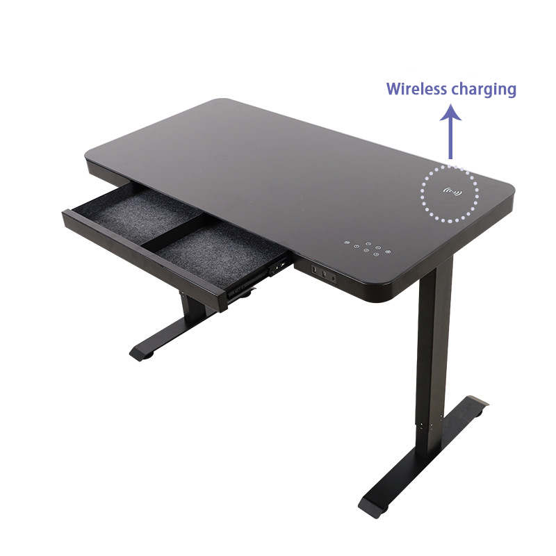 Black tempered glass desktop Wireless charging electric adjustable standing desk