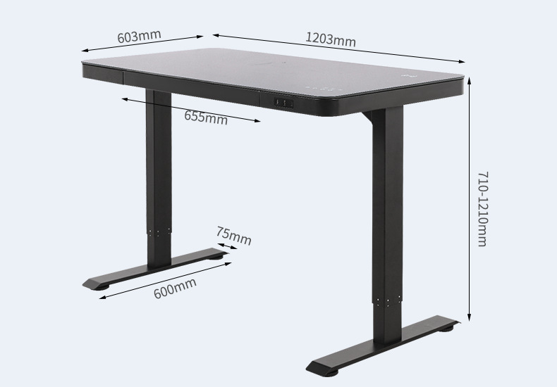 Black tempered glass desktop Wireless charging electric adjustable standing desk