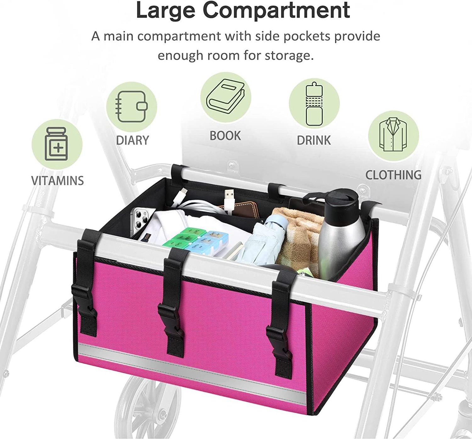 Large Organizer Caddy Under Seat Rollator Bag for 4-Wheel Rollator Walker or Bariatric Walker