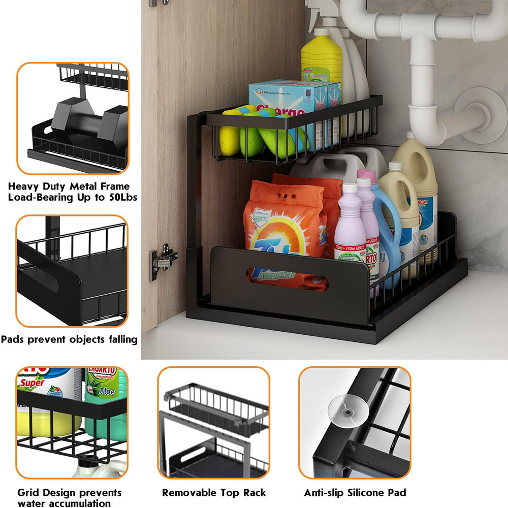 2 Tier Slide Out Sink Shelf Cabinet Storage Shelves Pull Out Cabinet Organizer for Kitchen Bathroom