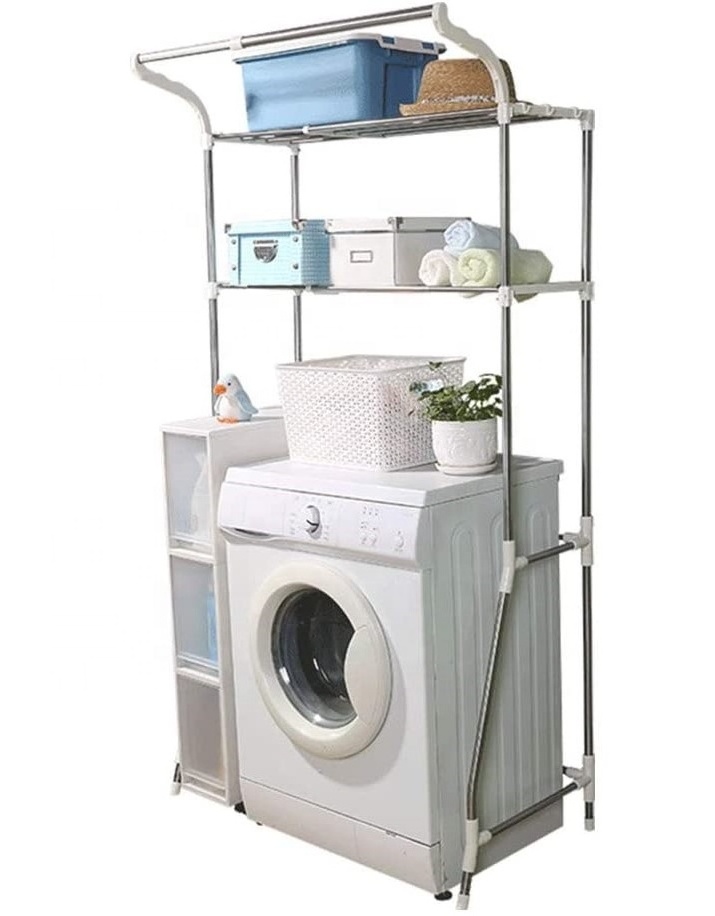 Adjustable Over The Toilet Storage Shelf Bathroom Organizer Rack Stand 2-Tier Wire Shelving Units with Clothes Hanging Rod Rail