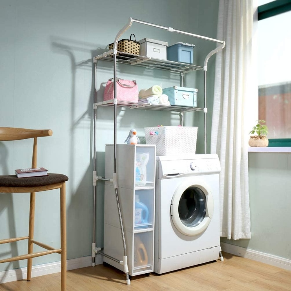 Adjustable Over The Toilet Storage Shelf Bathroom Organizer Rack Stand 2-Tier Wire Shelving Units with Clothes Hanging Rod Rail