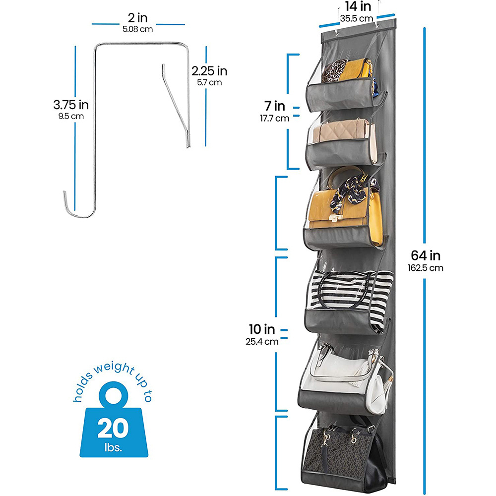 Behind/Over the door Purse Organizer, Wall Mount Handbag Organizer with 6 Big Clear Pockets, Hanging Handbag Purse Storage Bag