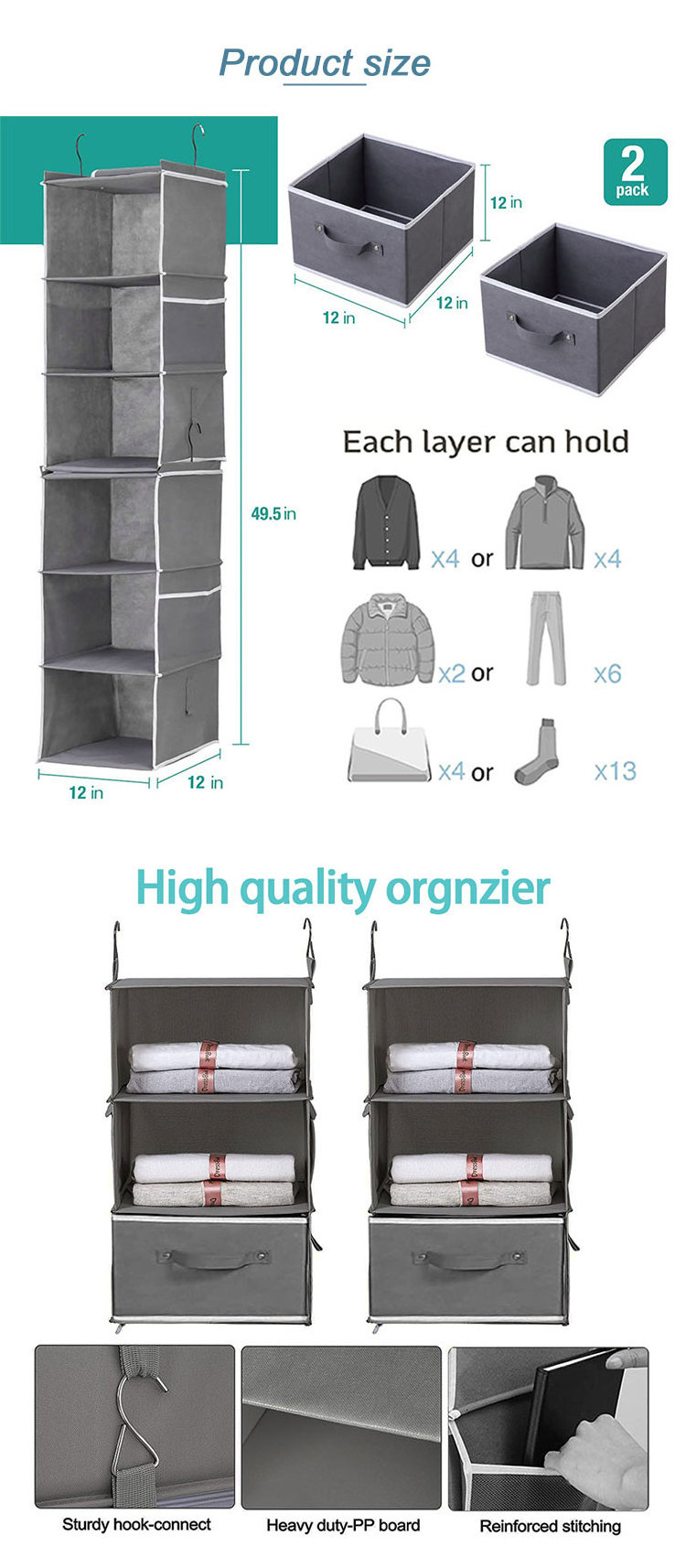 2022 new Hanging Closet Organizers 6-Shelf Hanging Closet Storage Shelves with 2 Drawers