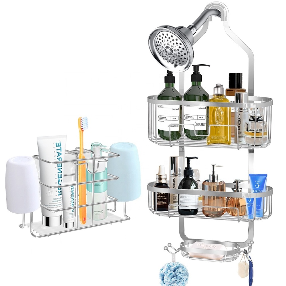 hot selling Two Tier Stainless Steel Shampoo Organizer Holder Wall Mounted Bathroom Storage Rack