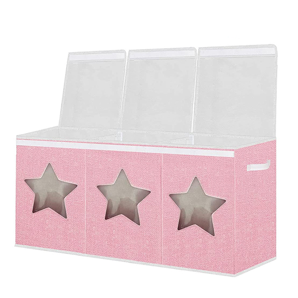 Toy Chest Box Organizer Bins with Star Transparent Windows Sturdy Handles and Mesh Bag for Nursery Playroom Bedroom