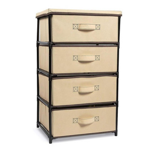 MDF Wood Top Vertical Furniture Dresser Storage Tower with 4 Easy Pull Fabric Drawers