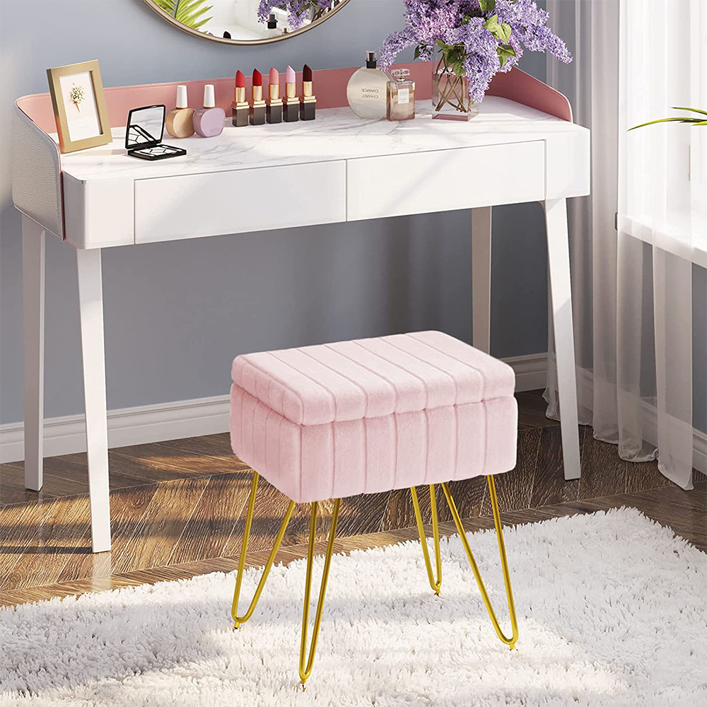 Modern Mink Square Footstool Ottoman Bench Vanity Stool with Gold Legs Plush Fluffy Footrest Pouf for Bedroom Living Room