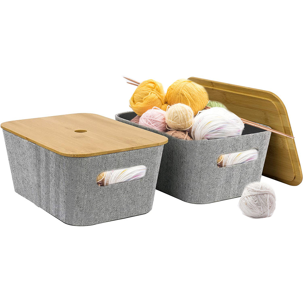 Modern Basket with Bamboo Lids, Storage Basket Bins for Shelves Office Home Bathroom Organizing, Organizer Container