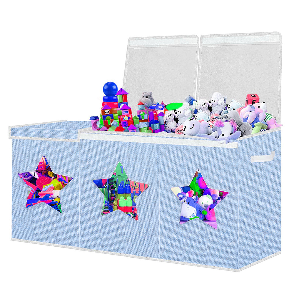 Toy Chest Box Organizer Bins with Star Transparent Windows Sturdy Handles and Mesh Bag for Nursery Playroom Bedroom