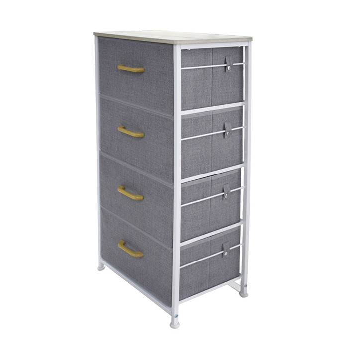 Storage Organizer Shelf Tower Fabric Bins Vertical Dresser Cube Drawer Nightstands with Easy Pull 4 Drawers and Metal Frame