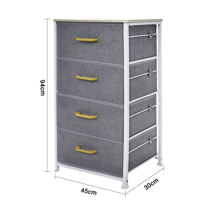 Storage Organizer Shelf Tower Fabric Bins Vertical Dresser Cube Drawer Nightstands with Easy Pull 4 Drawers and Metal Frame