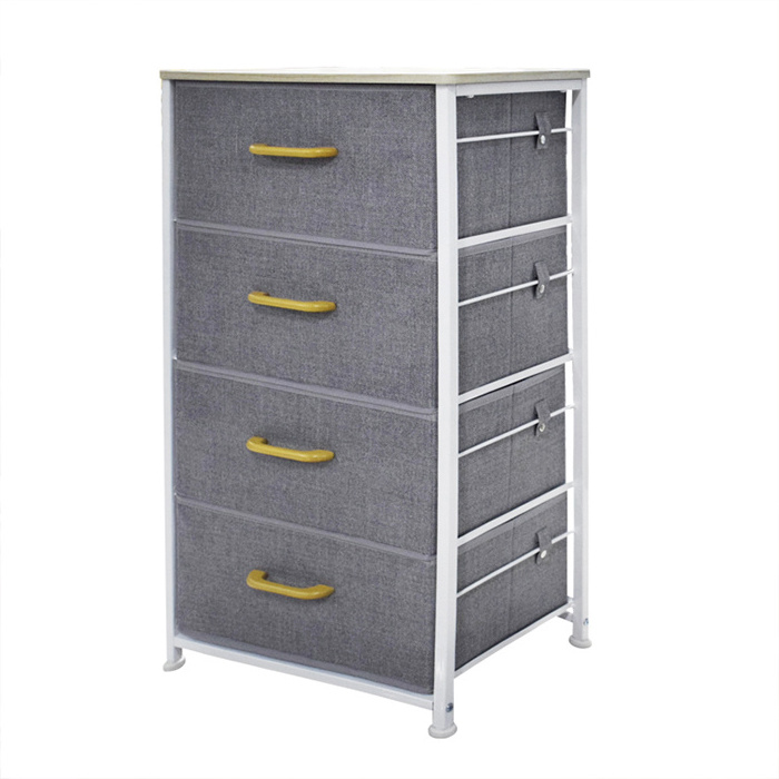 Storage Organizer Shelf Tower Fabric Bins Vertical Dresser Cube Drawer Nightstands with Easy Pull 4 Drawers and Metal Frame