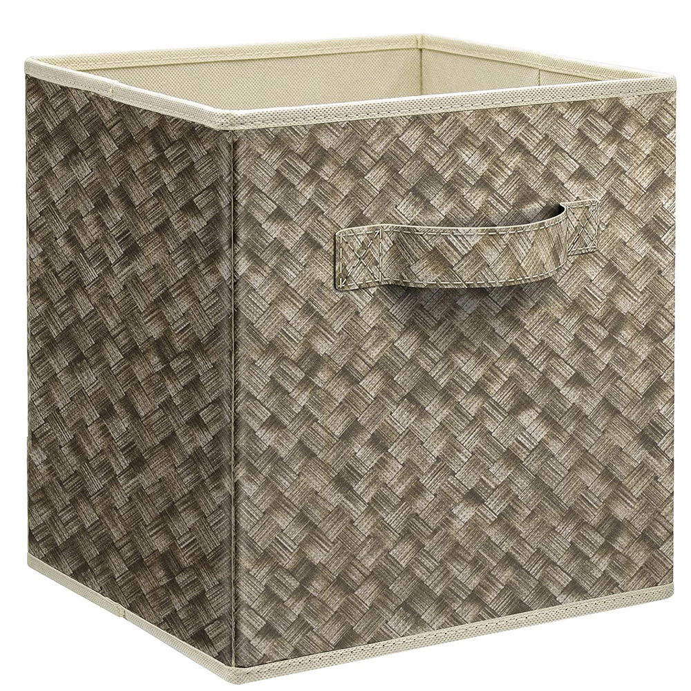 Foldable Storage Bins with Handle Fabric Closet Organizers Cube Storage Bins for Shelves with Imitation Wood grain Printing