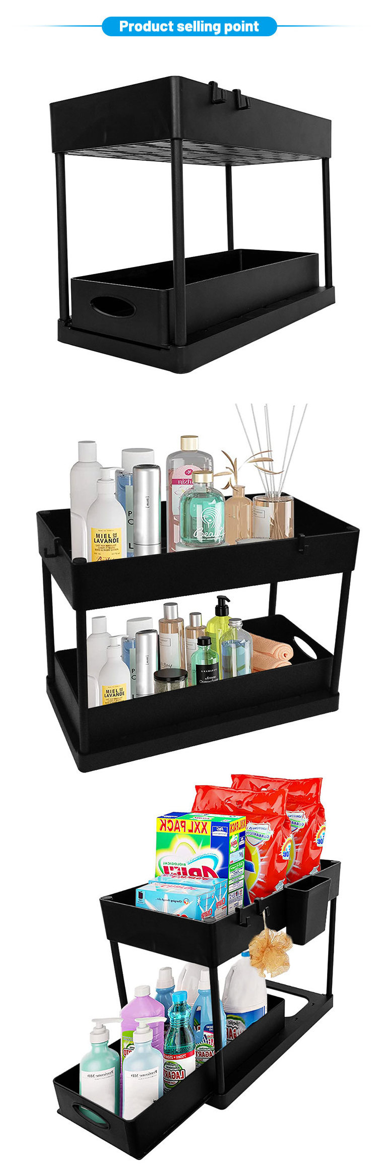 2 Tiers plastic Bathroom Kitchen Collection Basket cabinet Under Sink Shelf Organizer Rack Storage bathroom under sink organizer