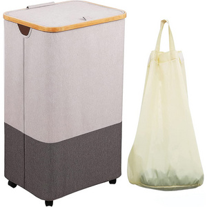 Hot Sale Laundry Basket Foldable Bamboo Basket With Lid Laundry Storage 3 Compartments With Mesh Bag