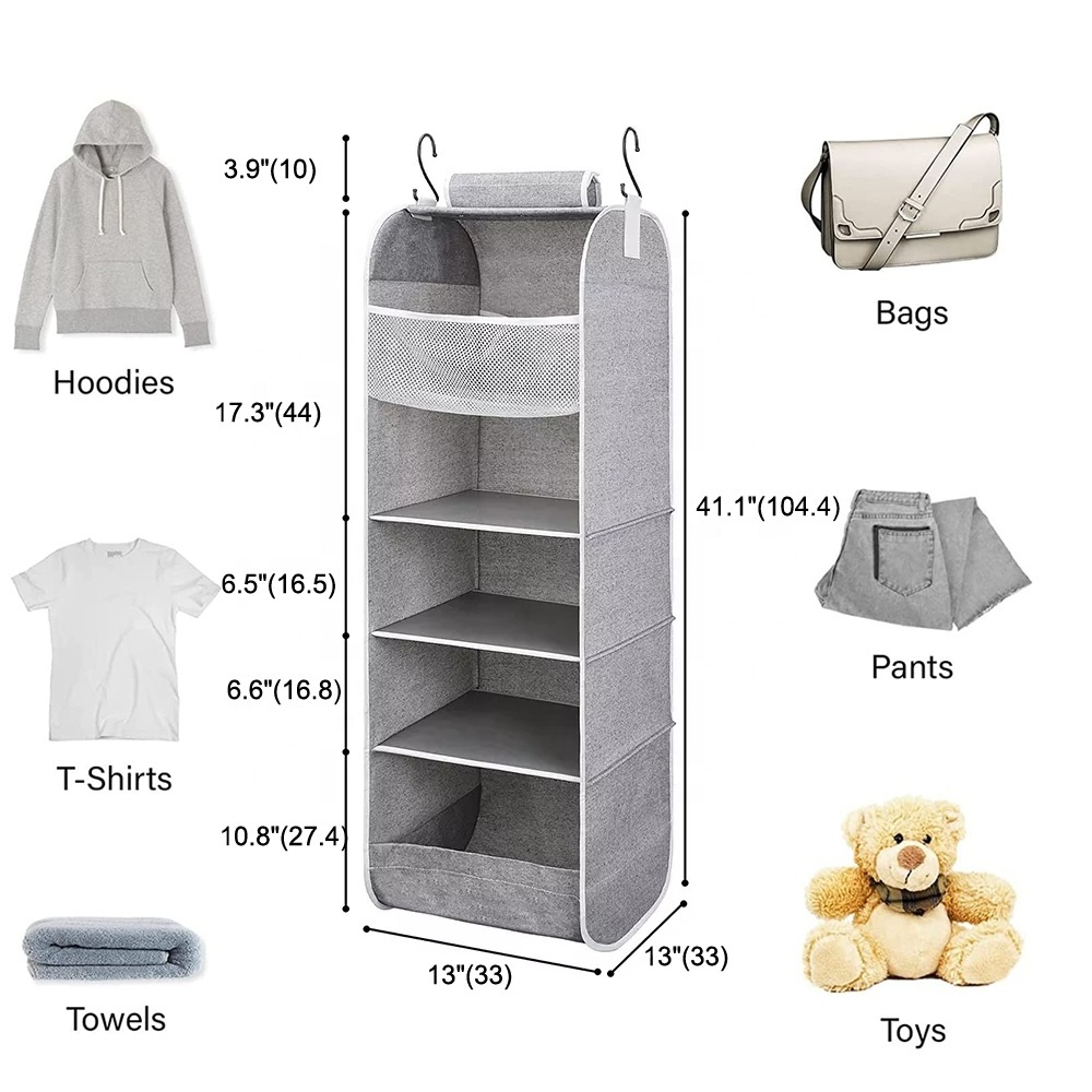 Foldable Custom Manufacturer Hanging Organizer Storage Wardrobe 5 Layers Non-Woven Fabric Closet Organizer