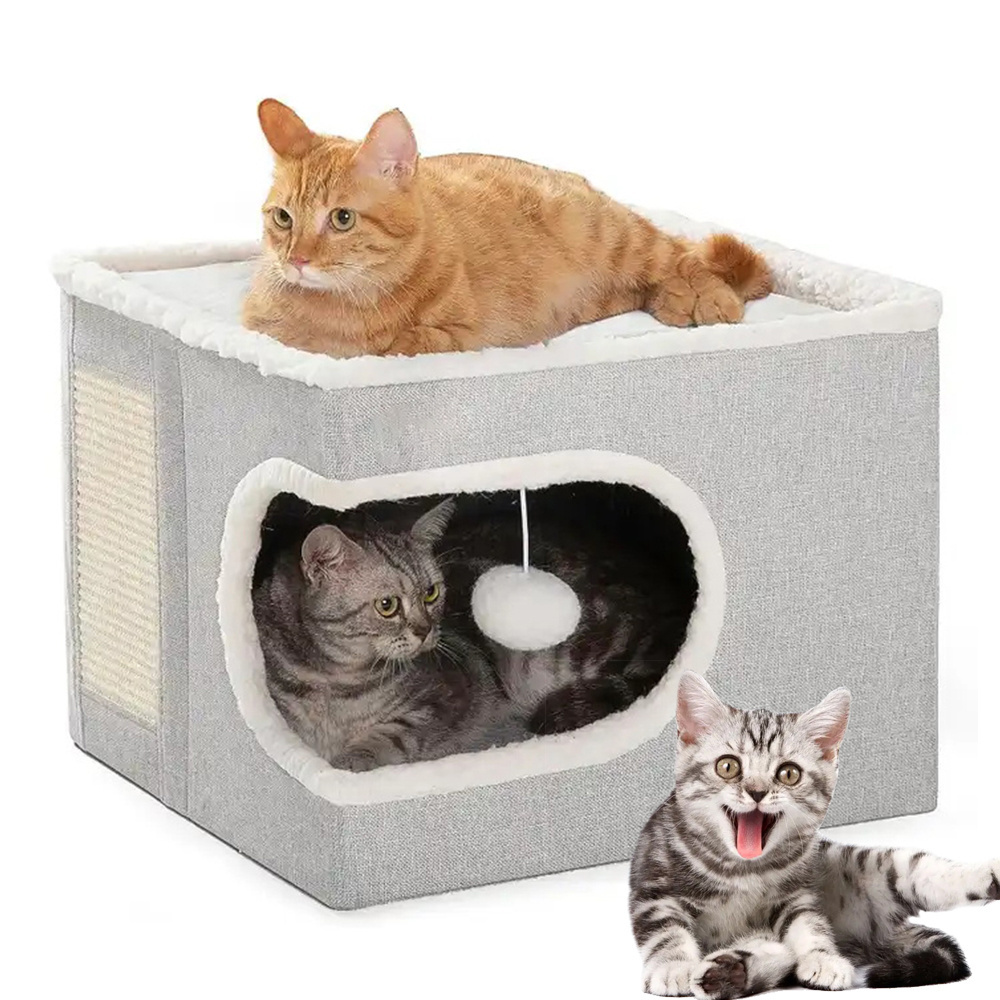 Wholesale Indoor Foldable Cat Large Cave Bed with Fluffy Ball Hanging Scratch Pad