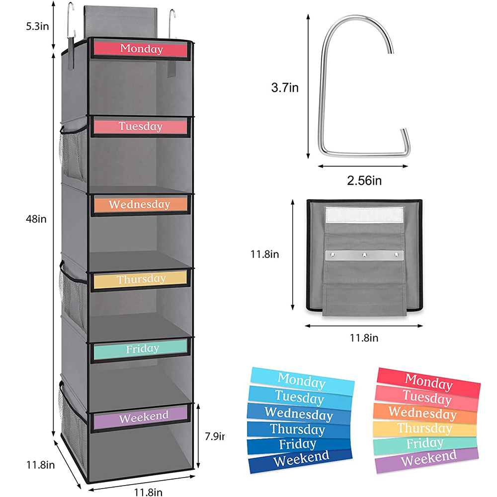 Custom 6-Shelf Hanging Closet Organizer Hanging Shelves with Weekly Label for Closet Storage Box with Hook