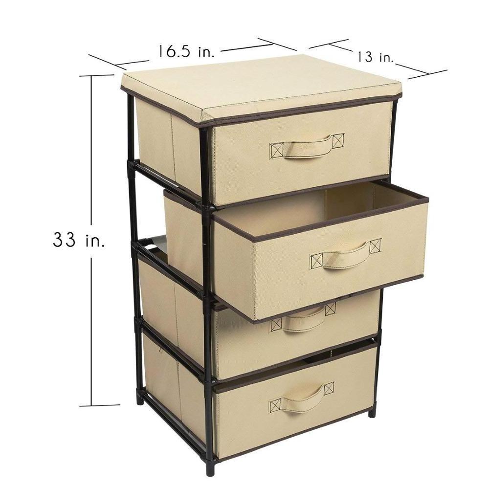 MDF Wood Top Vertical Furniture Dresser Storage Tower with 4 Easy Pull Fabric Drawers