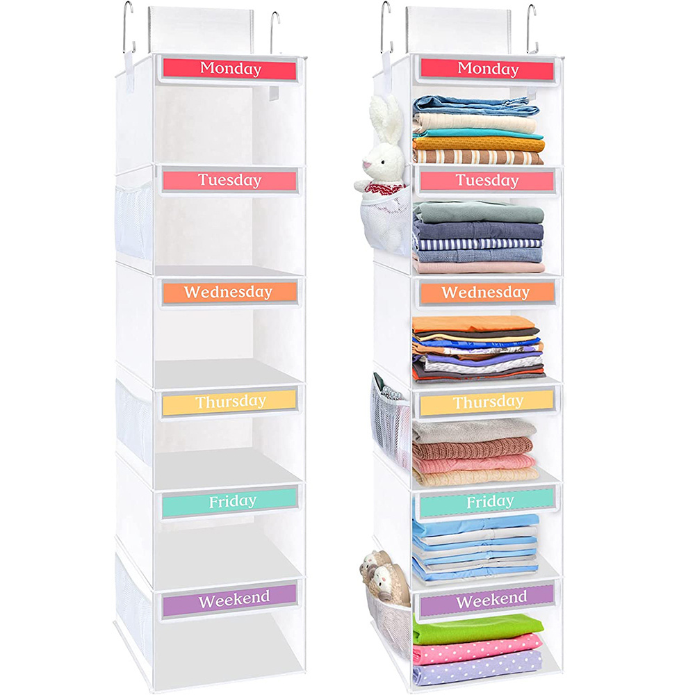 Custom 6-Shelf Hanging Closet Organizer Hanging Shelves with Weekly Label for Closet Storage Box with Hook