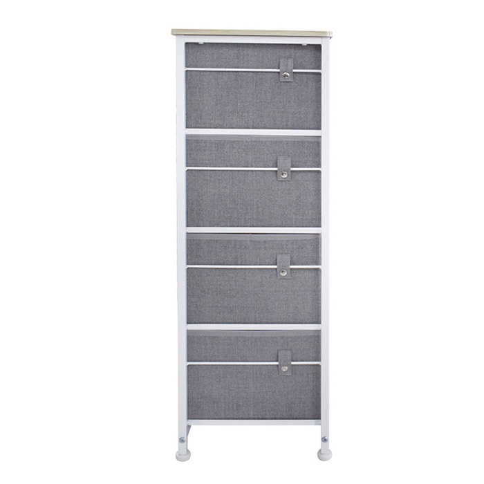 Storage Organizer Shelf Tower Fabric Bins Vertical Dresser Cube Drawer Nightstands with Easy Pull 4 Drawers and Metal Frame