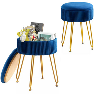 Favorable High Quality Recommended Velvet Storage Ottoman Vanity Stool with Golden Leg