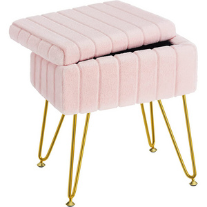 Modern Mink Square Footstool Ottoman Bench Vanity Stool with Gold Legs Plush Fluffy Footrest Pouf for Bedroom Living Room