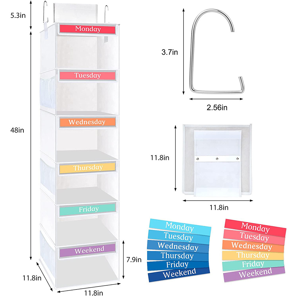 Custom 6-Shelf Hanging Closet Organizer Hanging Shelves with Weekly Label for Closet Storage Box with Hook