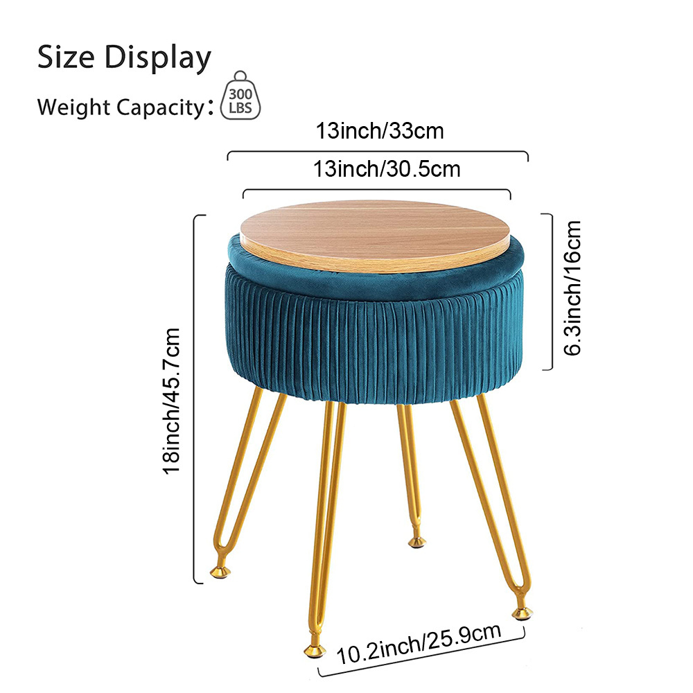 Favorable High Quality Recommended Velvet Storage Ottoman Vanity Stool with Golden Leg