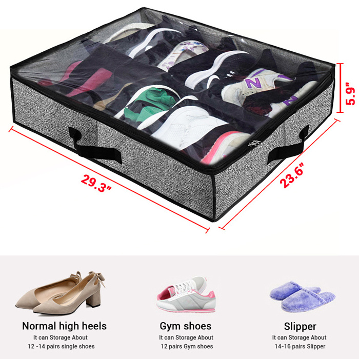 12 Pairs Non Woven Under Bed Shoe Organizer Closet Storage Solution Organizer Bag with Front Zippered Closure