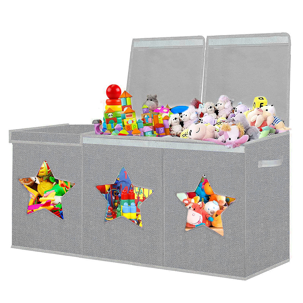 Toy Chest Box Organizer Bins with Star Transparent Windows Sturdy Handles and Mesh Bag for Nursery Playroom Bedroom