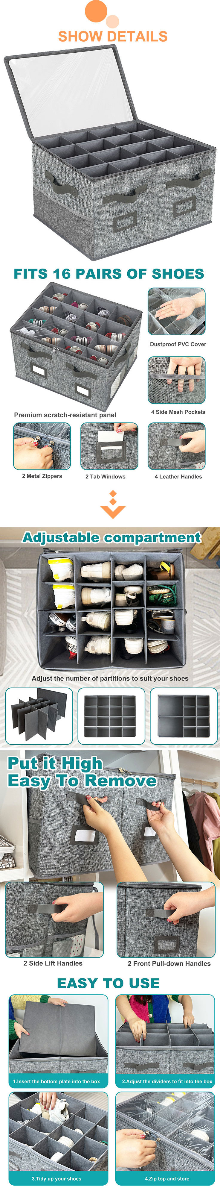 Large Shoe Box Bins Containers Shoe Storage Organizer for Closet with Clear Cover