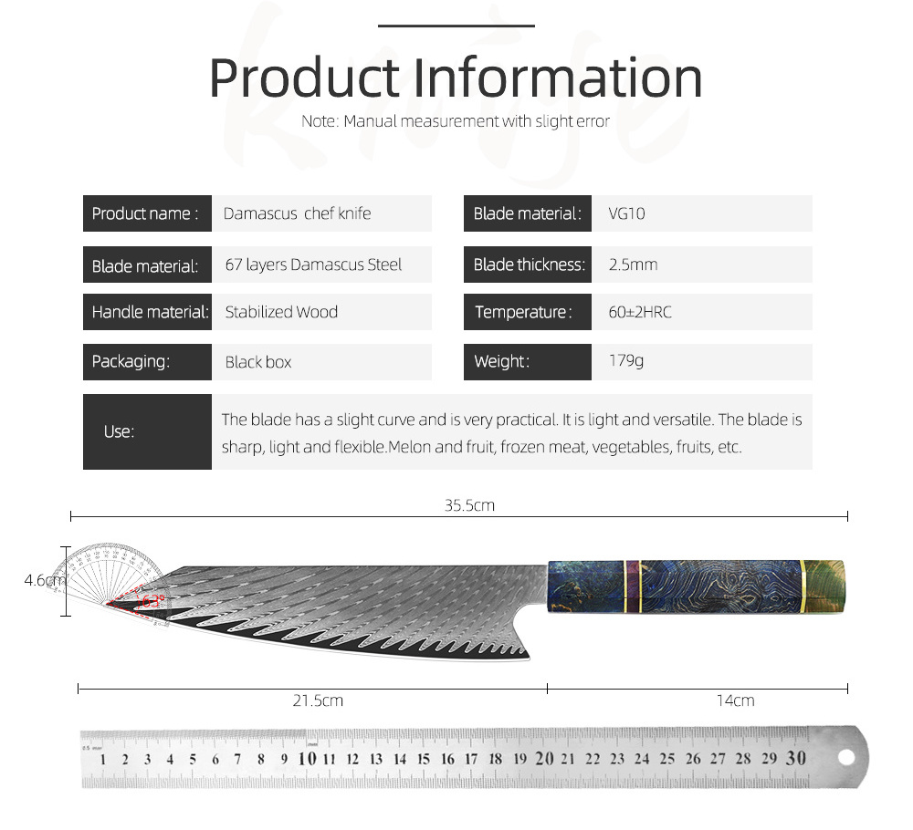 8 Inch Japanese 67 Layer Damascus Steel Chef kiritsuke Knife With Stable Wood Handle