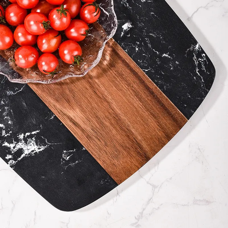 Luxury Black Marble and Acacia Wood Charcuterie Board Cheese Serving Board With Handle