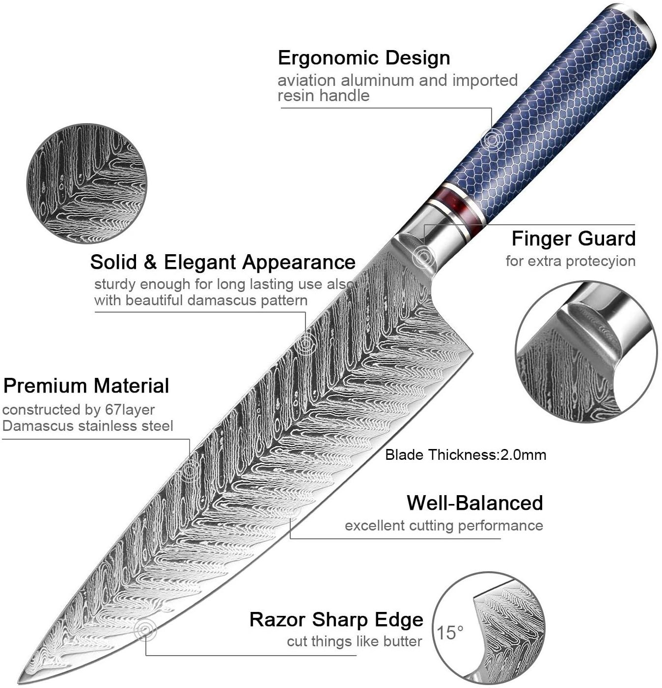 Forged High Carbon 67 Layers VG10 8.5 Inch Damascus Chef Gyutou Knife