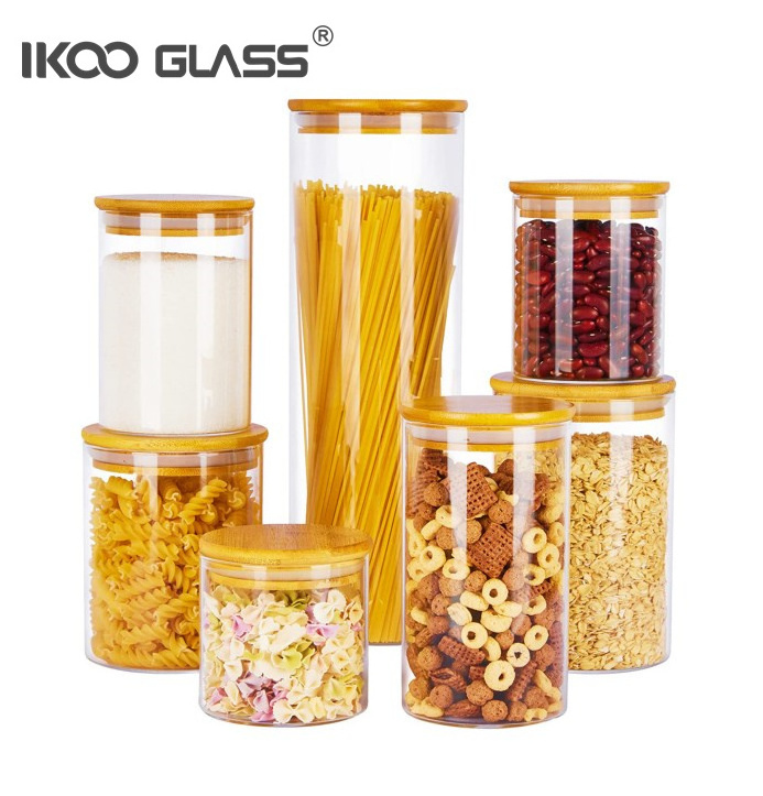 IKOO glass and bamboo food container glass canister with airtight bamboo lid for the kitchen