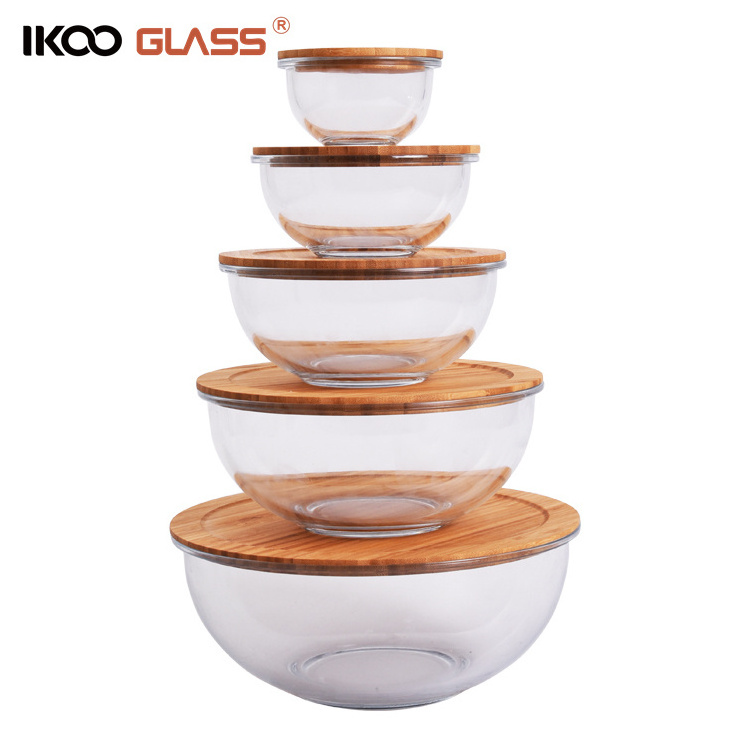 Nesting microwave safe glass containers glass salad bowl set with bamboo lid baking glass bowls set For kitchen