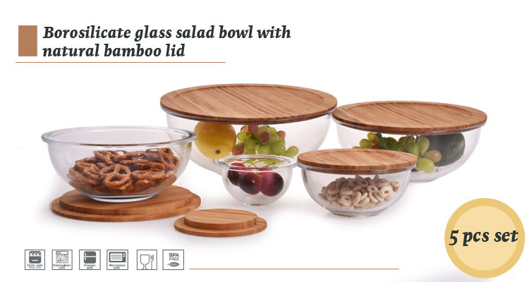 Nesting microwave safe glass containers glass salad bowl set with bamboo lid baking glass bowls set For kitchen