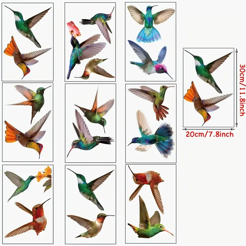 9pcs Hummingbird Window Clings - Anti-Collision Decals for Bedroom - Self-Adhesive Flying Bird Art Decor Window Sticker