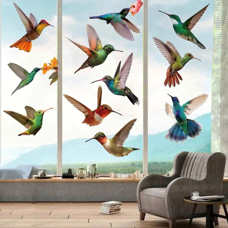 9pcs Hummingbird Window Clings - Anti-Collision Decals for Bedroom - Self-Adhesive Flying Bird Art Decor Window Sticker