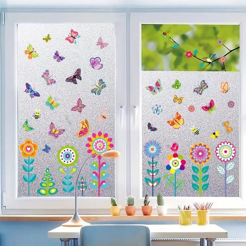 Flower Window Stickers, Double Sided Butterflies Stickers For Living Room Bedroom Glass Home Decoration