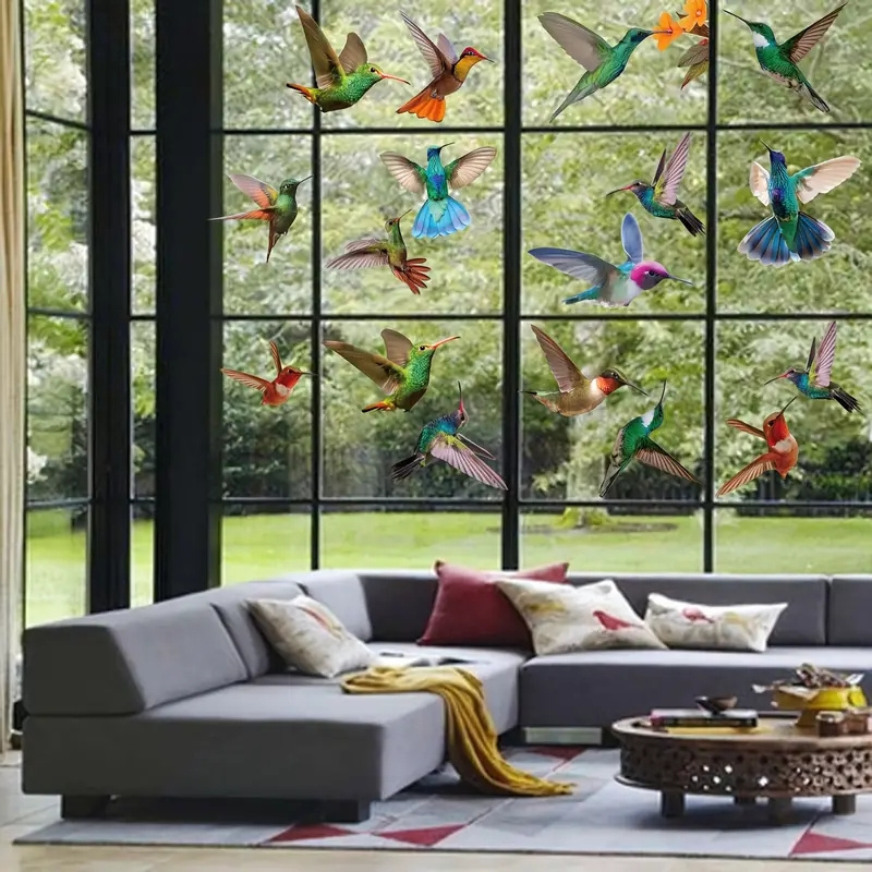 9pcs Hummingbird Window Clings - Anti-Collision Decals for Bedroom - Self-Adhesive Flying Bird Art Decor Window Sticker