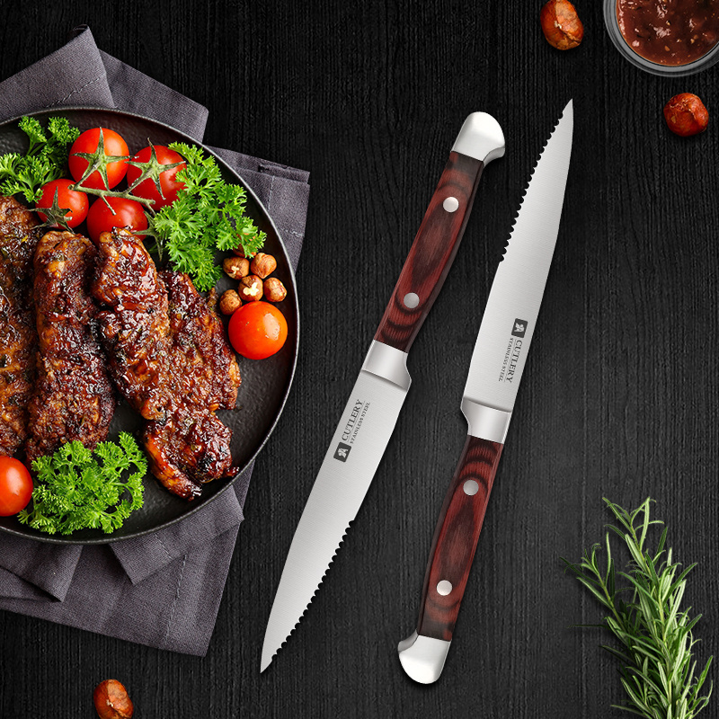 Professional Kitchen Chef Knife Steak Knives Customised Stainless Steel Set Of 4 Sharp Serrated Steak Knife With Wooden Handle