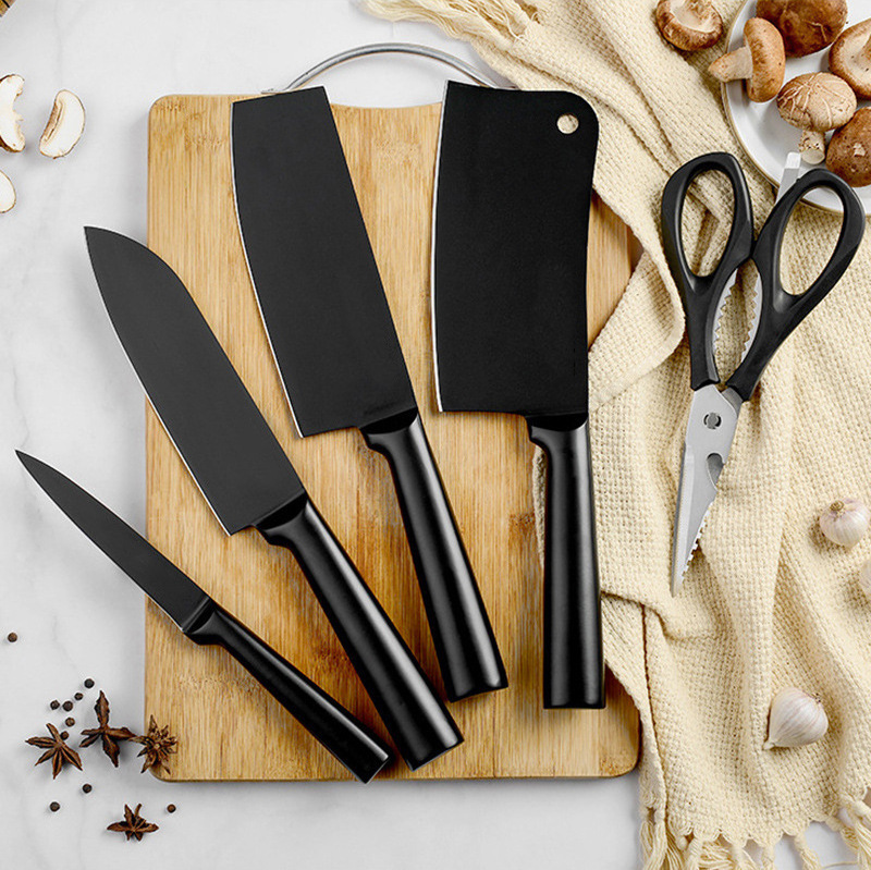 5pcs non-stick coating black kitchen knives set hollow handle chopper butcher knife with stainless steel block