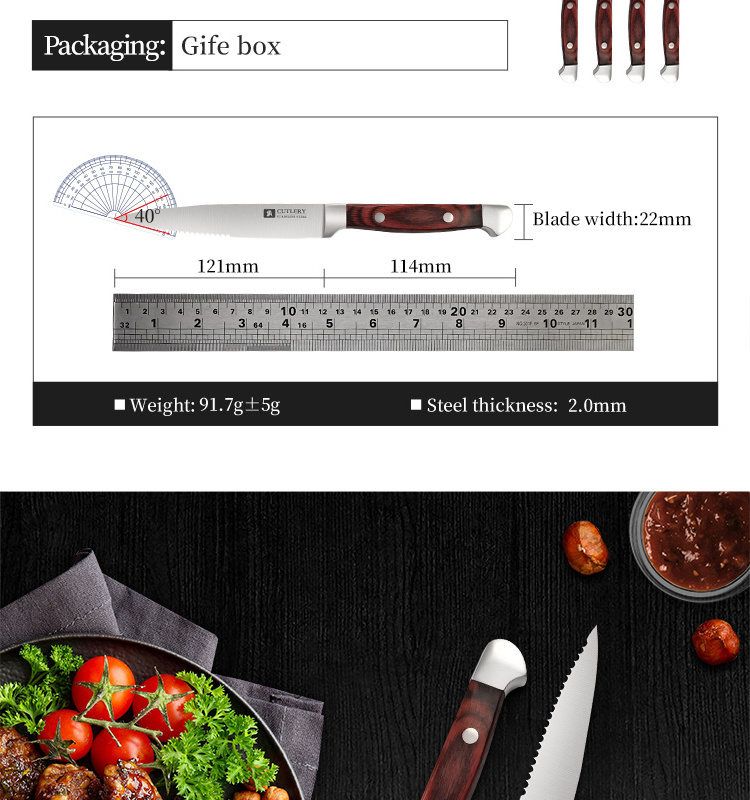 Professional Kitchen Chef Knife Steak Knives Customised Stainless Steel Set Of 4 Sharp Serrated Steak Knife With Wooden Handle