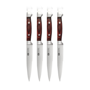 Professional Kitchen Chef Knife Steak Knives Customised Stainless Steel Set Of 4 Sharp Serrated Steak Knife With Wooden Handle